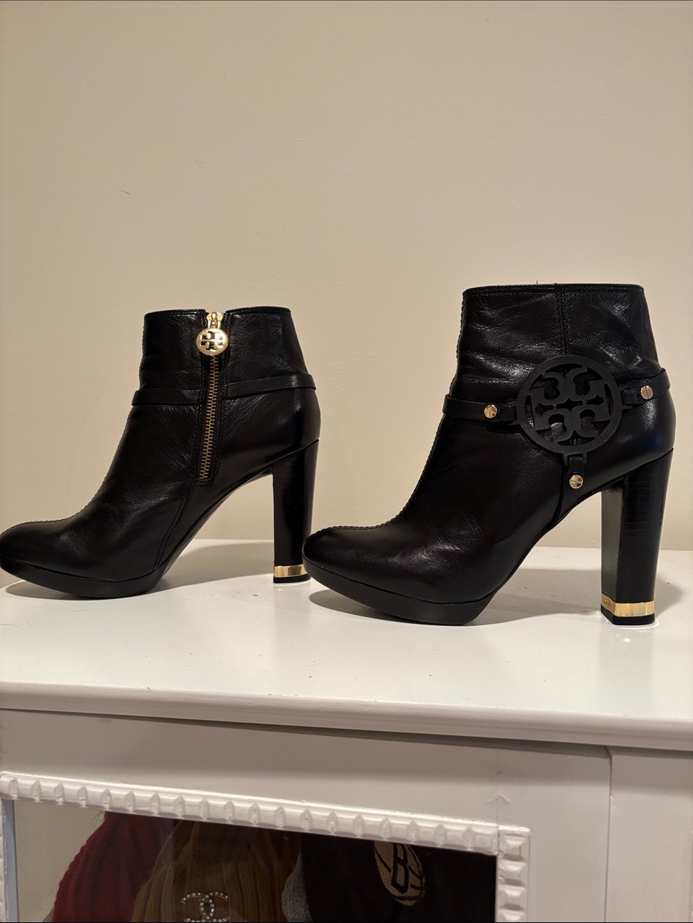 Black Leather Ankle Booties with Gold Accent